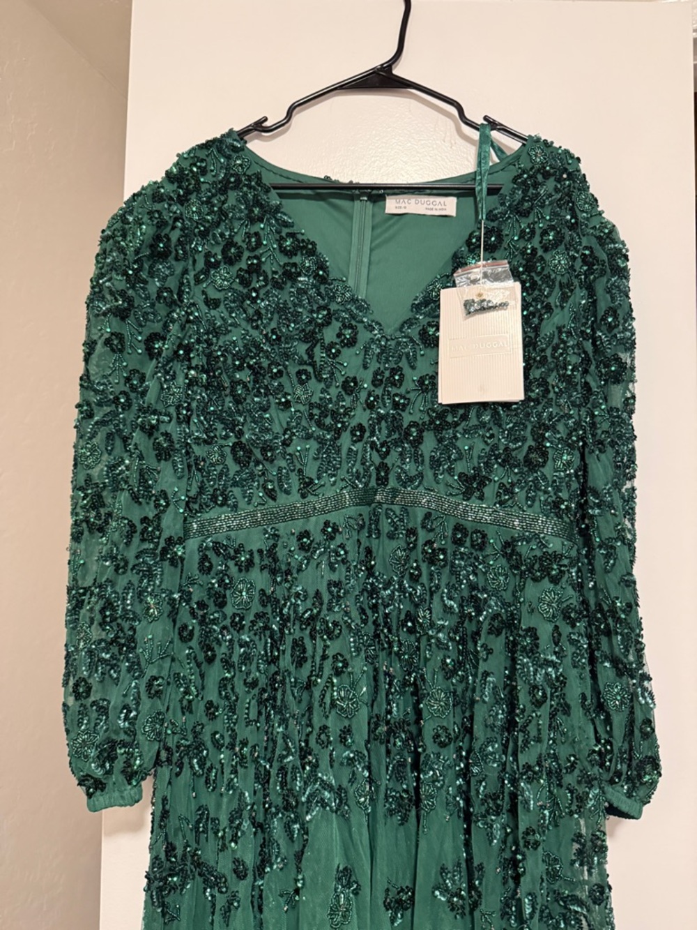 Mac Duggal Emerald Green Long Sleeve Beaded Gown